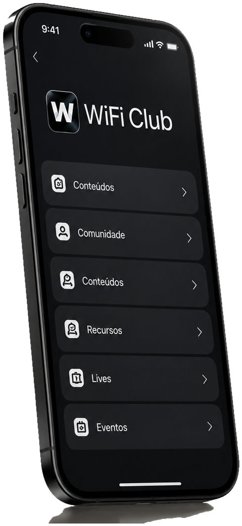 App WiFi Club em um iPhone, com menu de Conteúdos, Comunidade, Recursos, Lives e Eventos