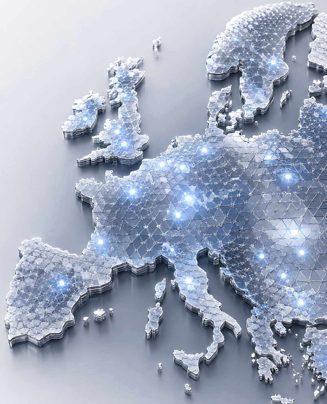 Mapa 3D prateado da Europa com pontos de luz