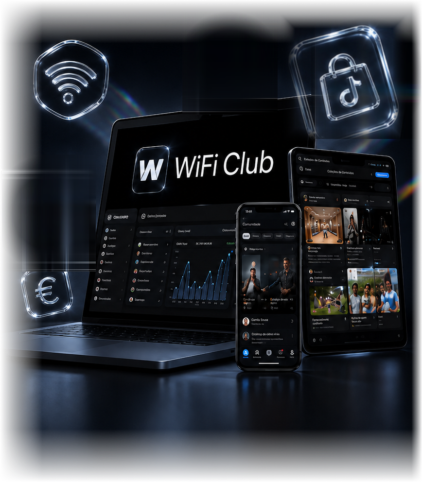 Plataforma WiFi Club em laptop, tablet e celular, cercada por ícones de vidro 3D de wifi, TikTok Shop, euro e publicação